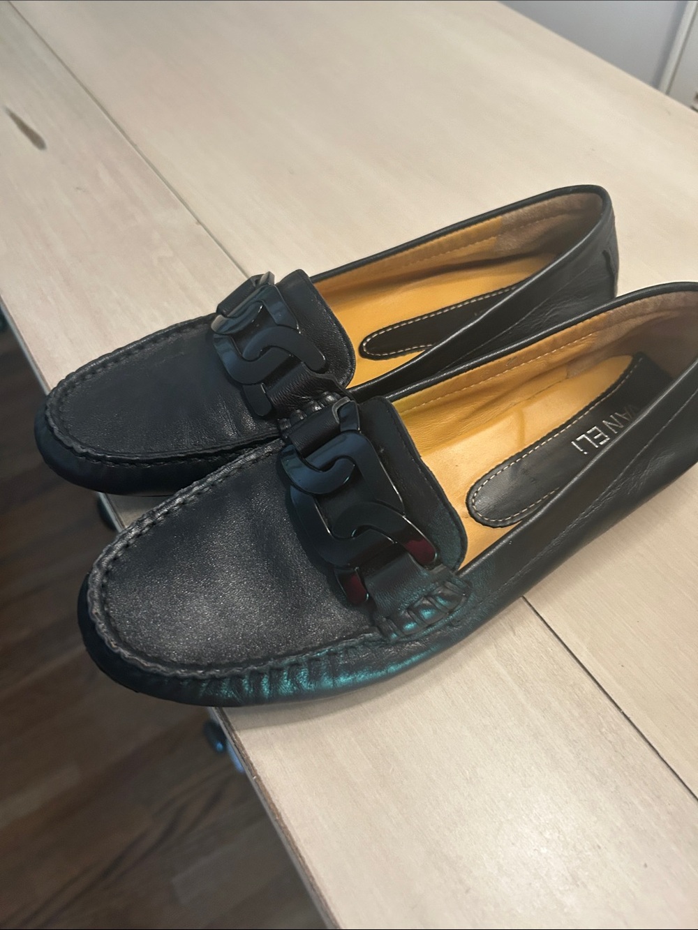 Vaneli Black Leather Chain-Link Loafers
